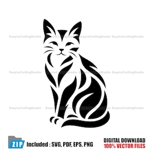 May include: A black and white stylized cat illustration in a sitting position. The design features curved lines and shapes, with the text "DIGITAL DOWNLOAD 100% VECTOR FILES" and "Included: SVG, PDF, EPS, PNG".