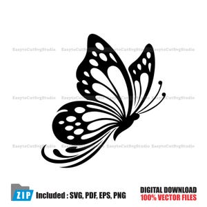 May include: A black and white butterfly design, a digital download in SVG, PDF, EPS, and PNG formats. The butterfly has detailed wing patterns and is labeled as 100% vector files.