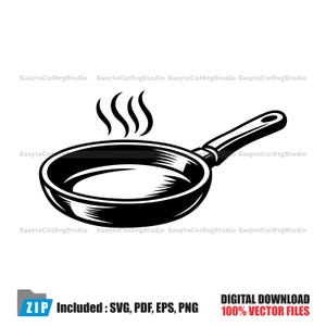 Puede incluir: Ilustración en blanco y negro de una sartén con vapor saliendo. La sartén tiene un mango largo y una superficie de cocción circular. La imagen incluye el texto "DESCARGA DIGITAL 100% ARCHIVOS VECTORIALES" y "ZIP Incluido: SVG, PDF, EPS, PNG".