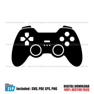 Può includere: Silhouette nera di un controller per videogiochi. Il controller presenta un pad direzionale, pulsanti e levette analogiche. L'immagine include il testo "ZIP Included: SVG, PDF, EPS, PNG" e "DIGITAL DOWNLOAD 100% VECTOR FILES".