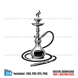 May include: Black and white vector illustration of a hookah with smoke rising from the top. The hookah has a bulbous base, a central stem, and a flexible hose. The image includes the text "DIGITAL DOWNLOAD 100% VECTOR FILES".