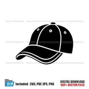 May include: A black baseball cap vector graphic with a curved brim and a button on top. The image includes the text "DIGITAL DOWNLOAD 100% VECTOR FILES" and "Included: SVG, PDF, EPS, PNG".