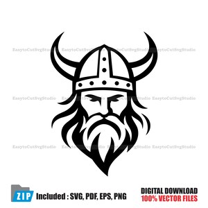 May include: A black and white graphic illustration of a Viking warrior head wearing a horned helmet. The design features a stylised face with a thick beard and moustache, rendered in bold lines. The text EasytoCutSvgStudio is repeated in the background.