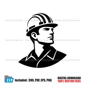 Könnte beinhalten: Eine schwarz-weiße grafische Illustration einer Person mit Schutzhelm, dargestellt von der Brust aufwärts im Profil. Das Design zeichnet sich durch kräftige, klare Linien und hohen Kontrast aus und zeigt eine Person, die nach rechts blickt.
