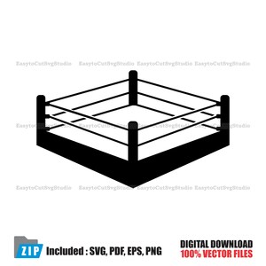 May include: A black silhouette graphic of a square boxing ring featuring four corner posts connected by three horizontal ropes on each side. The design is presented in a clean, high-contrast style suitable for digital use and vector applications.