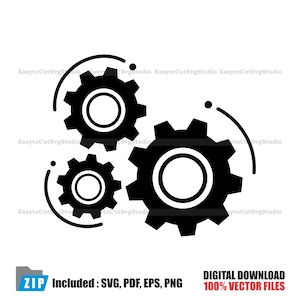 May include: A black graphic illustration featuring three interlocking gears of varying sizes. Each gear is surrounded by a partial curved line with a small dot at the end. The text "EasytocutSvgStudio" is repeated faintly in the background.