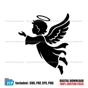 May include: A black silhouette graphic of a flying angel with a halo, outstretched arms, and large feathered wings. The figure wears a flowing robe and is depicted in profile. The text EasytoCutSvgStudio is repeated across the image.