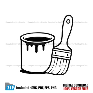 Può includere: Grafica vettoriale in bianco e nero di un barattolo di vernice con vernice che gocciola e un pennello. L'immagine include il testo "DOWNLOAD DIGITALE 100% FILE VETTORIALI" e "Incluso: SVG, PDF, EPS, PNG".