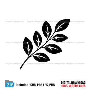 May include: Black vector illustration of a leafy branch with seven leaves. The image includes the text "ZIP Included: SVG, PDF, EPS, PNG" and "DIGITAL DOWNLOAD 100% VECTOR FILES".