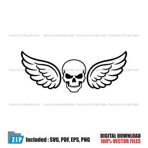 May include: A black and white graphic of a skull with wings. The skull has a menacing expression. The wings are detailed with feather patterns. Text at the bottom reads "ZIP Included: SVG, PDF, EPS, PNG" and "DIGITAL DOWNLOAD 100% VECTOR FILES."