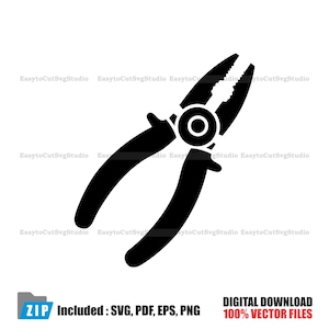 May include: Black pliers vector graphic. The tool has curved handles and a toothed gripping area. The image includes the text "ZIP Included: SVG, PDF, EPS, PNG" and "DIGITAL DOWNLOAD 100% VECTOR FILES".