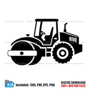 Pode incluir: Ilustração a preto e branco de um rolo compactador, um veículo de construção. A imagem mostra a cabine, o volante e o grande tambor do rolo. O texto "ZIP Included: SVG, PDF, EPS, PNG" e "DIGITAL DOWNLOAD 100% VECTOR FILES" também estão incluídos.