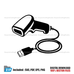 Può includere: Grafica vettoriale in bianco e nero di uno scanner di codici a barre con un cavo USB. L'immagine include il testo "ZIP Included: SVG, PDF, EPS, PNG" e "DIGITAL DOWNLOAD 100% VECTOR FILES".