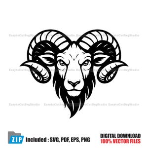 May include: A black and white illustration of a ram's head with large, curved horns. The ram's face is detailed, with a full beard and intense eyes. The image includes the text "ZIP Included: SVG, PDF, EPS, PNG" and "DIGITAL DOWNLOAD 100% VECTOR FILES".