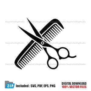 May include: A black graphic icon featuring a pair of hair cutting scissors crossed over a hair comb. The design is presented on a plain background with the text EasytocutSvgStudio repeated in the background and a ZIP file icon at the bottom.