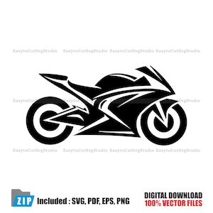 May include: Black and white vector graphic of a sport motorcycle. The design features a sleek silhouette with detailed lines, including the wheels, frame, and fairing. The image includes the text "DIGITAL DOWNLOAD 100% VECTOR FILES".