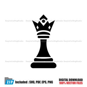 May include: A black and white graphic of a chess king piece. The king has a crown with a diamond shape at the top. The image includes the text "DIGITAL DOWNLOAD 100% VECTOR FILES" and "Included: SVG, PDF, EPS, PNG".