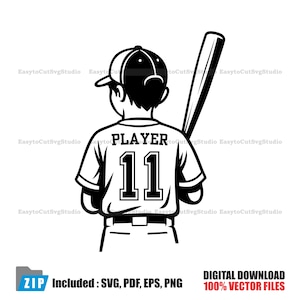 May include: Black and white illustration of a baseball player from the back, wearing a cap and jersey with the number 11 and the word "PLAYER". The player is holding a baseball bat. The image includes the text "DIGITAL DOWNLOAD 100% VECTOR FILES".