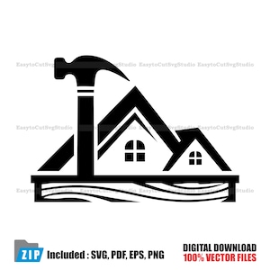 Könnte beinhalten: Ein schwarz-weißes Grafikdesign mit einem vertikal positionierten Hammer neben zwei Haussilhouetten mit Bogenfenstern, die auf einer horizontalen Basis mit Holzmaserung ruhen. Der Text lautet ZIP Included: SVG, PDF, EPS, PNG.