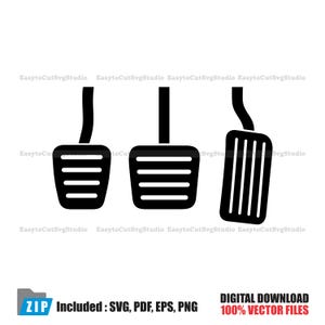 Puede incluir: Un icono gráfico negro que muestra tres pedales de coche dispuestos en fila. Los dos pedales de la izquierda tienen estrías horizontales, mientras que el pedal más alto de la derecha presenta estrías verticales. El texto "ZIP Included : SVG, PDF, EPS, PNG" aparece debajo.