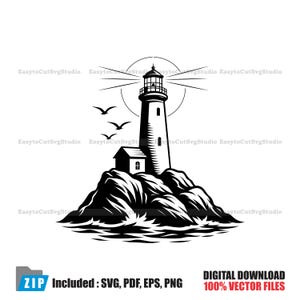 May include: A monochrome illustration of a lighthouse on a rocky outcrop, with three birds in flight. The lighthouse features a tall tower and a light source. The image includes the text "DIGITAL DOWNLOAD 100% VECTOR FILES".