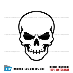 May include: A black and white skull illustration with a menacing expression. The image includes the text "DIGITAL DOWNLOAD 100% VECTOR FILES" and "ZIP Included : SVG, PDF, EPS, PNG".