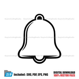 Puede incluir: Gráfico de campana en blanco y negro con una parte superior redondeada y un pequeño lazo. La campana tiene un contorno grueso y un diseño simple y limpio. El texto en la parte inferior dice "ZIP Included: SVG, PDF, EPS, PNG" y "DIGITAL DOWNLOAD 100% VECTOR FILES."