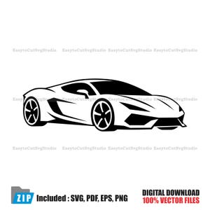 Può includere: Illustrazione vettoriale in bianco e nero di un'elegante auto sportiva. L'auto ha un profilo basso, ruote grandi e un design aerodinamico. L'immagine include il testo "ZIP Included: SVG, PDF, EPS, PNG" e "DIGITAL DOWNLOAD 100% VECTOR FILES."