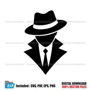 May include: A black and white graphic illustration of a silhouette wearing a fedora hat, a collared trench coat, and a necktie. The design features clean lines and high contrast, depicting a mysterious figure from the chest up in a classic style.