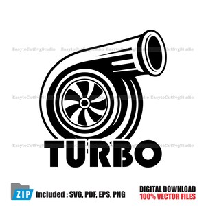 Pode incluir: Uma ilustração gráfica a preto e branco de um componente de turbocompressor com uma roda de turbina e caixa proeminentes. Abaixo da ilustração mecânica, a palavra TURBO está impressa em letras pretas, negrito e maiúsculas.