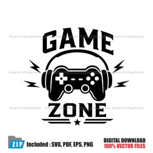May include: A black graphic design featuring the text GAME at the top and ZONE at the bottom. In the center, a black game controller is depicted wearing headphones, with stylized lightning bolt icons on both sides of the controller graphic.
