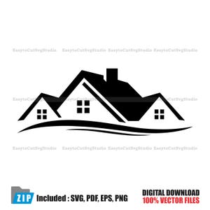 Peut inclure: Un graphisme vectoriel noir et blanc d'une maison avec une cheminée, trois fenêtres et une ligne incurvée en dessous. Le texte "TÉLÉCHARGEMENT NUMÉRIQUE 100% FICHIERS VECTORIELS" est en dessous du graphisme de la maison. L'image comprend également le texte "ZIP Inclus : SVG, PDF, EPS, PNG".