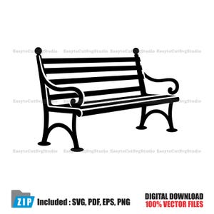 May include: A black silhouette graphic of a park bench featuring a slatted backrest, a flat seat, and curved armrests. The design includes four legs with rounded feet and decorative finials on the top of the backrest posts, presented as a vector.