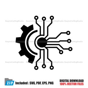 Può includere: Un'icona grafica nera che presenta un ingranaggio sul lato sinistro integrato con un motivo a circuito stampato sul lato destro. Il design include un cerchio centrale con linee ramificate che terminano in piccoli punti, rappresentando un concetto tecnologico.