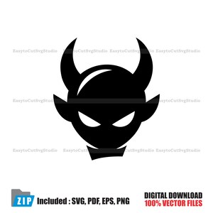 Op de afbeelding: Zwart silhouet van een duivelskop met gebogen hoorns, puntige oren en scherpe ogen. De afbeelding bevat de tekst "DIGITALE DOWNLOAD 100% VECTOR BESTANDEN".
