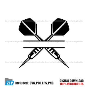 Puede incluir: Gráfico vectorial en blanco y negro de dos dardos cruzados con una línea horizontal para texto. La imagen incluye el texto "DESCARGA DIGITAL 100% ARCHIVOS VECTORIALES" y "ZIP Incluido: SVG, PDF, EPS, PNG".