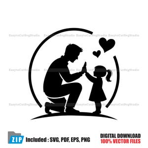 Könnte beinhalten: Schwarze Silhouette eines Vaters und Kindes beim High-Five, mit Herzen darüber, in einem kreisförmigen Rahmen. Das Bild enthält den Text "DIGITALER DOWNLOAD 100% VEKTORDATEIEN" und "ZIP Included: SVG, PDF, EPS, PNG".