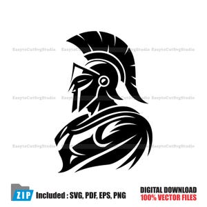 May include: A black and white illustration of a Spartan warrior in profile, wearing a helmet with a crest. The image includes the text "DIGITAL DOWNLOAD 100% VECTOR FILES" and "Included: SVG, PDF, EPS, PNG".
