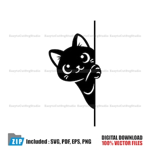 May include: A black cat peeking around a corner, with large eyes and a friendly expression. The image includes the text "DIGITAL DOWNLOAD 100% VECTOR FILES" and "ZIP Included : SVG, PDF, EPS, PNG".