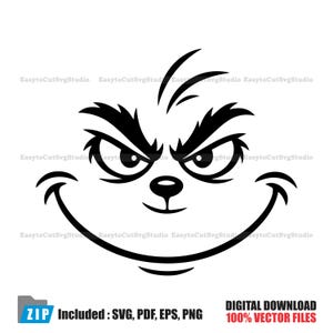 Pode incluir: Uma ilustração gráfica a preto e branco de um rosto de personagem estilizado com sobrancelhas afiadas e angulares, olhos grandes com pupilas escuras, um nariz pequeno e redondo e um sorriso largo e curvo. O design inclui o texto "ZIP Included : SVG, PDF, EPS, PNG" e "DIGITAL DOWNLOAD 100% VECTOR FILES".