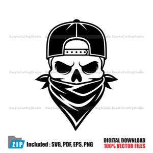 May include: A black and white graphic illustration of a skull wearing a baseball cap and a bandana covering the lower face. The design features bold lines and high contrast, presented as a digital file with text indicating ZIP, SVG, PDF, EPS, and PNG.