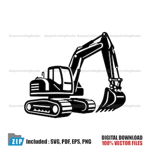 Puede incluir: Ilustración vectorial en blanco y negro de una excavadora. La excavadora tiene una cabina, un brazo y un cucharón. La imagen incluye el texto "ZIP Included: SVG, PDF, EPS, PNG" y "DIGITAL DOWNLOAD 100% VECTOR FILES."