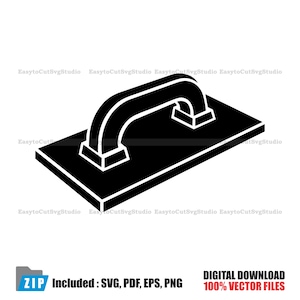 May include: A black and white vector illustration of a plastering trowel. The trowel has a rectangular base with a curved handle. The image includes the text "ZIP Included: SVG, PDF, EPS, PNG" and "DIGITAL DOWNLOAD 100% VECTOR FILES".
