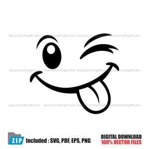 May include: A black graphic illustration of a winking smiley face with a tongue sticking out. The design features a single large circular eye, a curved eyebrow, a wide smiling mouth, and a tongue extending downward. The text EasytocutSvgStudio is repeated in the background.