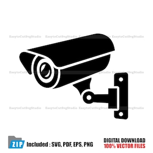May include: Black security camera illustration. The camera is mounted on a wall bracket. The image includes the text "ZIP Included: SVG, PDF, EPS, PNG" and "DIGITAL DOWNLOAD 100% VECTOR FILES".