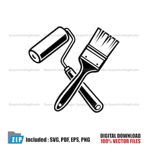 May include: Black and white vector graphic of a paint roller and paintbrush crossed. The image includes the text "Included: SVG, PDF, EPS, PNG" and "DIGITAL DOWNLOAD 100% VECTOR FILES".