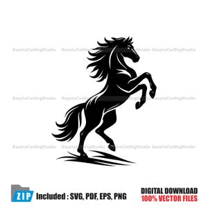 May include: A black silhouette of a rearing horse with flowing mane and tail. The horse is depicted on a white background. Text at the bottom reads "Included: SVG, PDF, EPS, PNG" and "DIGITAL DOWNLOAD 100% VECTOR FILES".