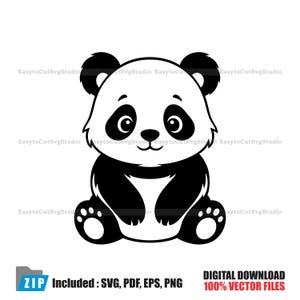 May include: A black and white graphic illustration of a seated panda bear with large eyes, rounded ears, and paw pads. The design features clean lines and solid shapes, presented as a digital file with the text ZIP Included: SVG, PDF, EPS, PNG.
