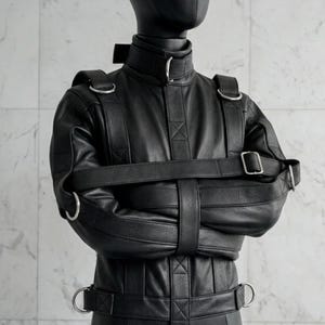 Może przedstawiać: Czarna skórzana kaftan bezpieczeństwa z wysokim kołnierzem ze srebrną klamrą, paskami na ramionach z metalowymi pierścieniami typu D oraz poziomym paskiem na klatce piersiowej z klamrą. Odzież posiada pionowe szwy wzmacniające i pasek w talii.