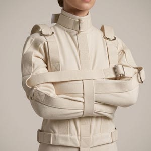 May include: Cream-colored straightjacket with multiple straps and metal buckles. The jacket has a high collar and is worn with the arms crossed. The fabric appears to be a heavy canvas material.